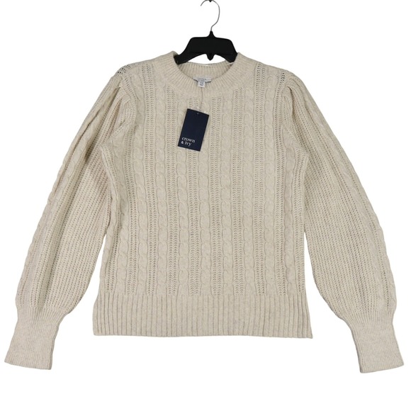 crown & ivy Sweaters - Crown & Ivy Cable Knit Sweater Womens PM Puff Sleeve Oatmeal Heather Casual